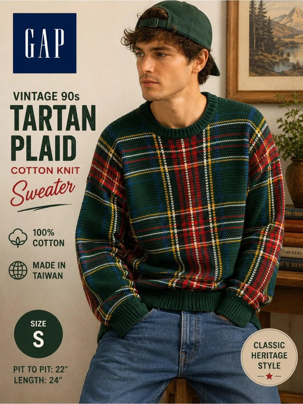 Vintage 90s GAP Men’s Tartan Plaid Cotton Knit Sweater Green Size Small